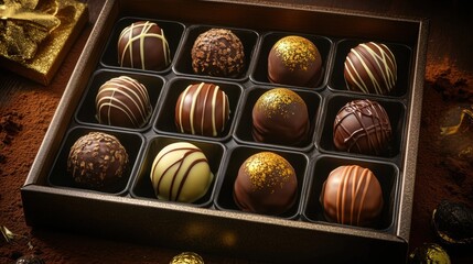 Rich chocolate truffles in a gift box with gold dusting and cocoa powder scattered around
