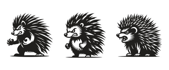 Hedgehog animal silhouette set vector illustration isolated on white background