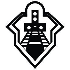 Railroad Crossing Sign Vector Illustration With Train Tracks And Traffic Lights.