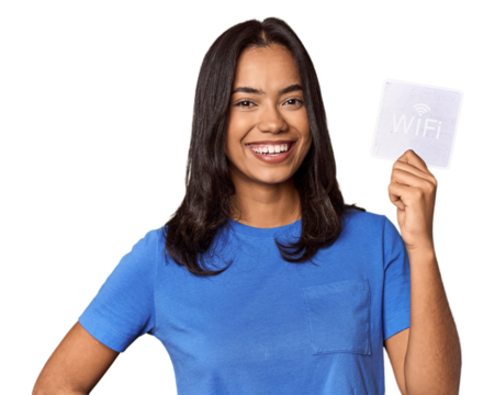 Young filipino woman showing "wifi" access