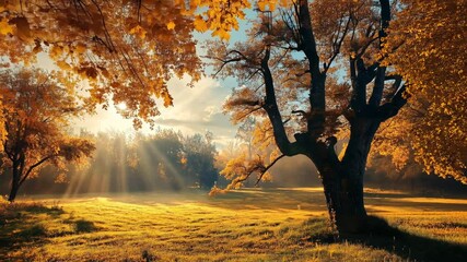 Sunlit autumn park, golden leaves, misty field - Powered by Adobe