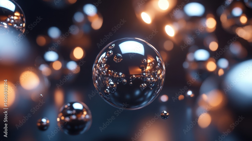 Poster 3d render of glossy spheres with reflections and soft lighting effects