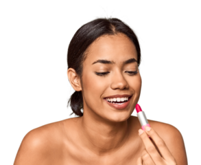 Filipino woman applying lipstick, beauty touch