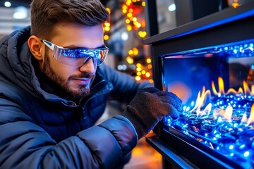 A professional technician installs a modern gas fireplace. Generative AI