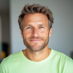 Obraz premium portrait of soft smiling 40 years old European man in light green t-shirt at home