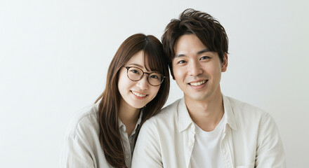 笑顔で寄り添う若い男女のカップル。友達、パートナー、恋人、結婚、新婚イメージ。