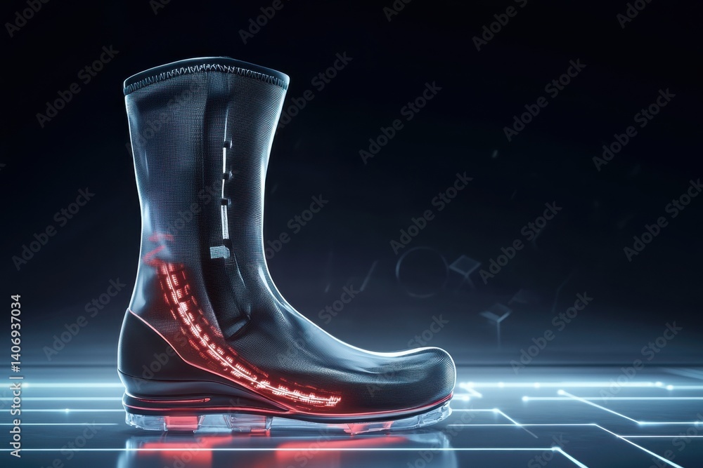 Poster innovative high-tech boot showcasing modern design and functionality in a futuristic environment
