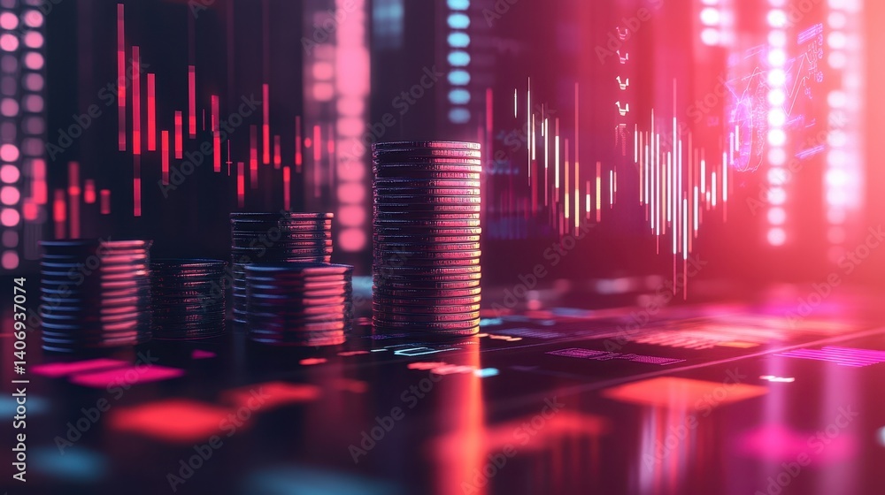 Poster financial data visualization with coins and graphs in neon colors