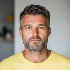 Obraz premium closeup authentic portrait of 45 years old European man in yellow t-shirt at home, mature