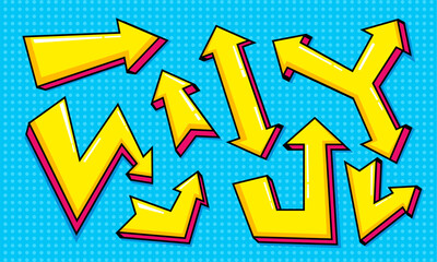 Collection of Yellow Comic cartoon Arrows Pointing in Different Directions