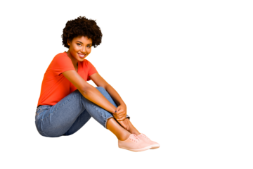 Full length body size photo of charming cheerful attractive fascinating pretty sweet black girlfriend looking at you while sitting on floor isolated over yellow vibrant color background