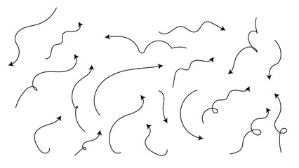 Obraz premium Isolated vector arrows, hand drawn. Set of simple lines hand drawn black and white arrows in various style. Set of simple of hand drawn black arrows. Set of simple lines hand drawn.