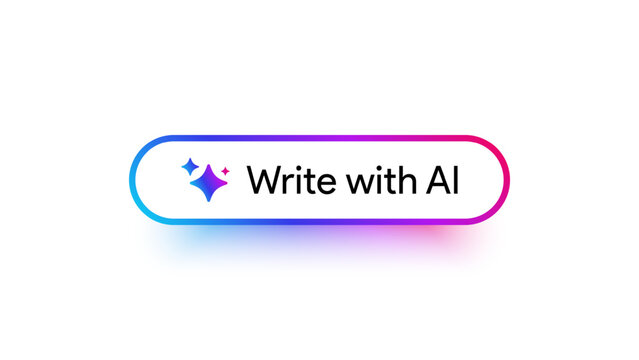 Write with AI button. Rewrite prompt pushbutton. Generate artificial intelligence toggle. LLM magic stars logo. Machine learning text generator. Chatbot assistant. UI design. Vector illustration. 
