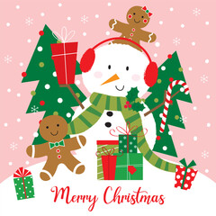 christmas greeting card with gifts, snowman and ginger bread