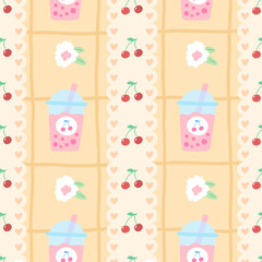 Kawaii Seamless pattern with cherry, hearts, and pastel colors. Vector bg for Valentine Day, children clothing, nursery items, and wrapping paper