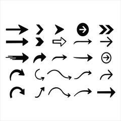 This vector set features a collection of black arrow icons for web design, indicating direction and next steps