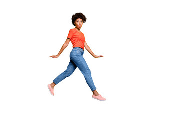 Full length body size photo of charming pretty funny cute girlfriend running away from something...