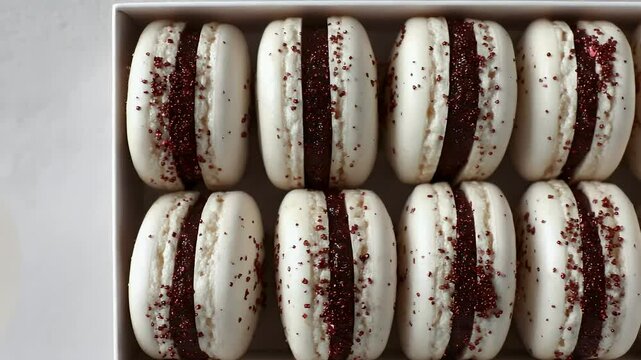 Row of macaroons filled with crimson sparkle cream inside a box are seen from an overhead shot
