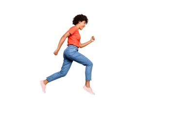 Hurry! Real sales! Full size profile side photo of funny funky cheerful woman jump run fast after discounts wear denim jeans sneakers red t-shirt isolated over yellow color background