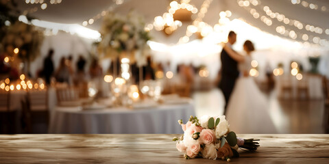 Wooden table for product placement in decorated indoor venue with bride and groom dancing in background