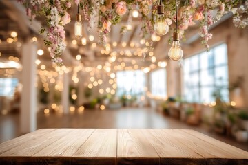 Wooden table for product placement in decorated indoor venue with hanging flowers and warm bokeh string lights, ready for wedding.