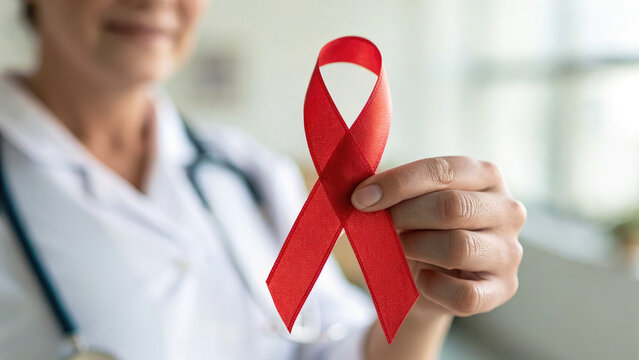 Red ribbon symbol representing awareness for sexually transmitted infections, healthcare and medical campaign concept for prevention and education.