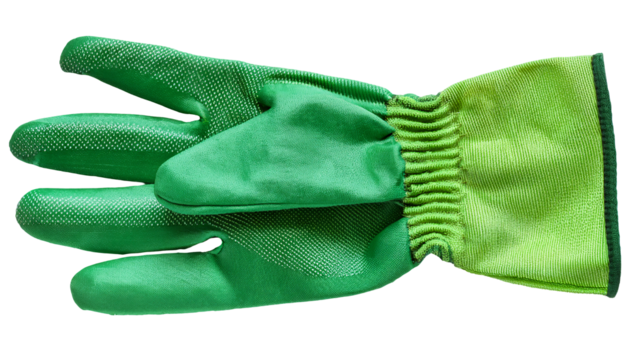 close-up top view of green gardening gloves with rubberized texture and elastic cuff on isolated background
