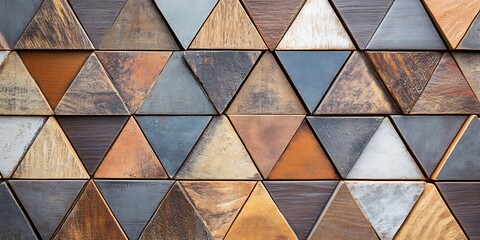 A wall with triangular wood panels arranged in an intricate pattern, creating a textured and visually interesting background for interior design