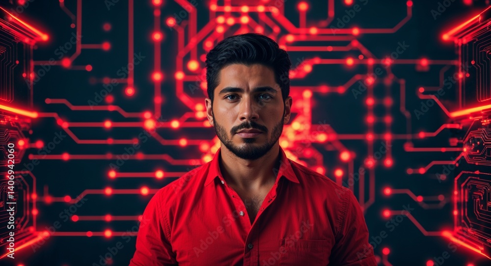 Poster hispanic man on red theme glowing tech circuit background design template banner with copy space