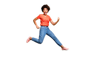 Full length photo of crazy funky funny girl scream have fun jump wear casual trendy lifestyle...