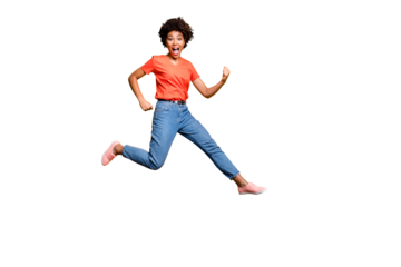 Full length photo of crazy funky funny girl scream have fun jump wear casual trendy lifestyle outfit sneakers isolated over yellow bright color background