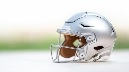 Futuristic silver chrome football helmet on a light surface, showcasing sleek design, protection, and innovation in modern sports gear.