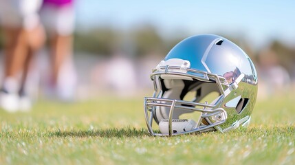 Fototapeta premium Chrome football helmet resting on the field, gleaming under the sunlight, symbolizing strength, competition, and the spirit of the game.