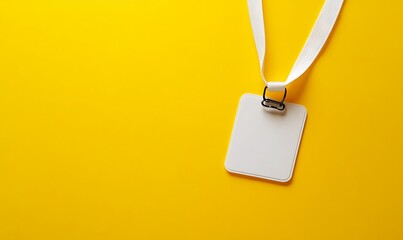 Empty identification badge with a blank white rectangle and a clip-on string, isolated on a bright yellow background