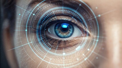 A close-up of an eye with digital overlays, representing technology and vision, highlighting futuristic biometric elements.