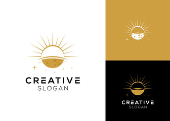 Fototapeta premium Golden sun and moon with stars logo design or mystical symbol