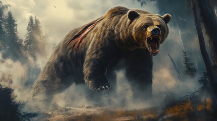 Fierce Grizzly Bear Roaring in a Misty Forest Landscape