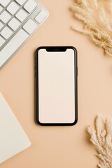 pastel tones stylish and comfortable environment a blank screen mobile phone is on the table, next to it is a keyboard and a cup, everything in the frame is pink and pastel tones