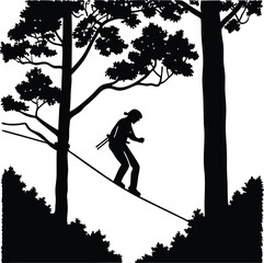 Fototapeta premium Slacklining silhouette in black and white, unique vector for balance and outdoor sports 