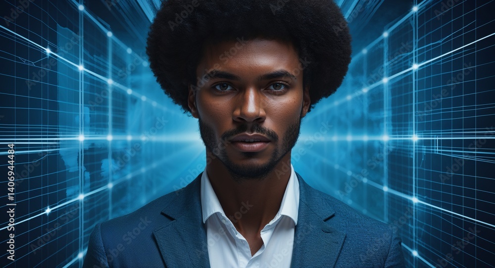 Poster african man on blue theme neural system grid background design template banner with copy space