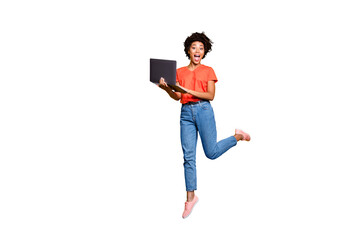 Full size photo of amazed crazy curly brown hair girl use her laptop have notification in feednews...