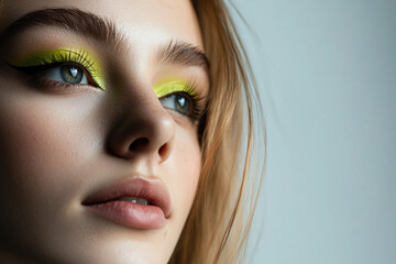 Fototapeta premium Trends in cosmetics with bright fashion makeup in orange and turquoise tones on young model face, beauty salon look, generative ai