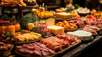 Obraz premium Varied Selection of Cheeses and Meats on Wooden Boards