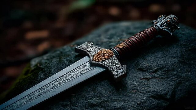 Ornate medieval sword rests atop a dark rock, softly focused, with a woodland background