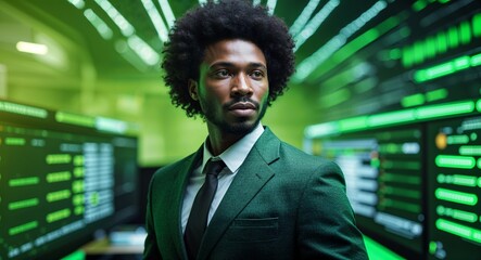 African man on green theme cyber data interface background design template banner with copy space