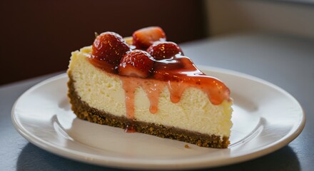 Delicious Slice of Strawberry Cheesecake on White Plate ready to eat