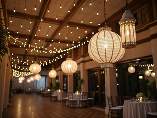 This image showcases the warm and inviting ambiance of an indoor event space, highlighted by diverse hanging light fixtures and elegantly set dining tables