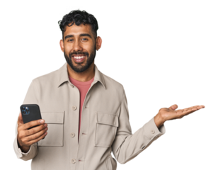 Hispanic male with mobile phone in studio showing a copy space on a palm and holding another hand on waist.
