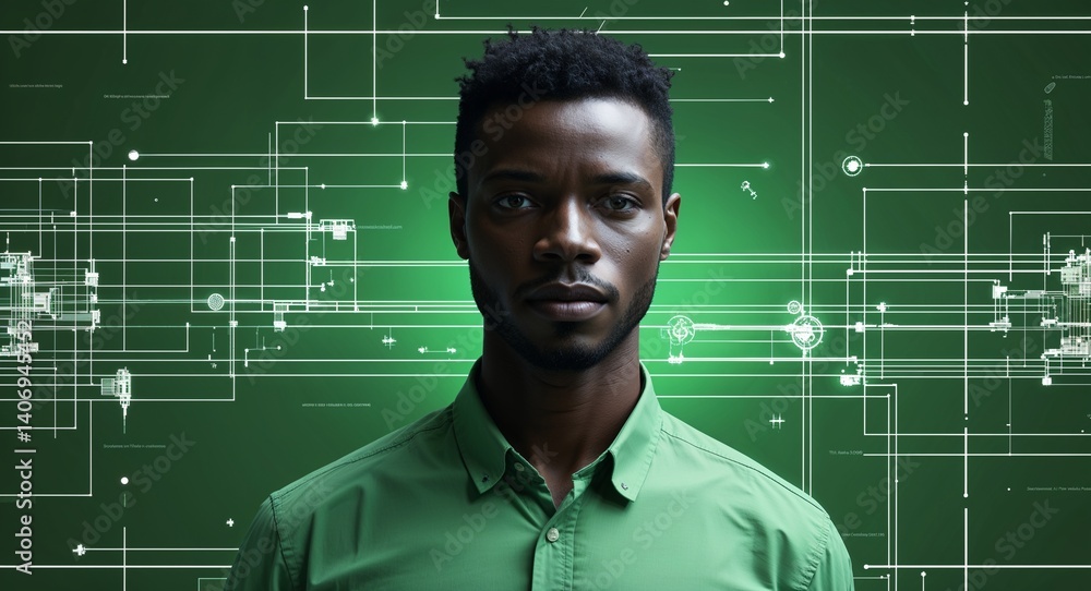 Poster african man on green theme matrix wireframe system background design template banner with copy space