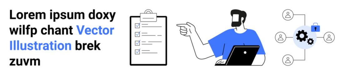 Man using laptop, pointing at clipboard checklist, connected gear icons showing collaboration and workflow. Ideal for teamwork, productivity, task management, planning, remote work, strategy flat